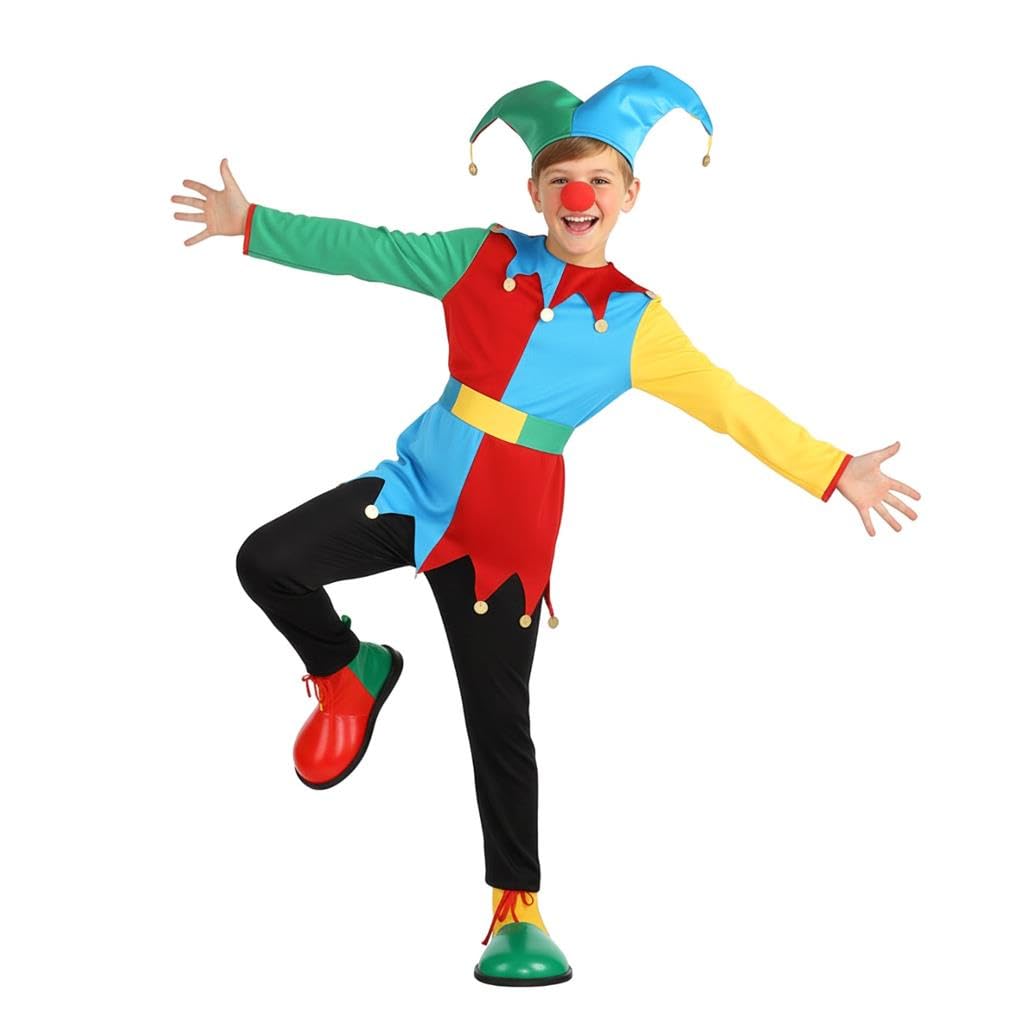 Lito Angels Kids Colourful Jester Costume with Hat Belt and Red Nose for Boys Girls Fancy Dress World Book Day Halloween Carnival Parade Theatre Performance Party Outfit Ages 11–13 Years