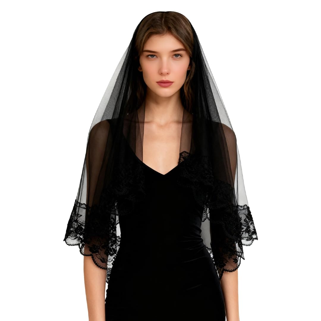 2 Tier Black Veil Gothic Corpse Bridal Waist Length Lace Wedding Bridal Veil Ladies Girls Fancy Dress Embroidered Edge Hair Accessory Flowery Day of the Dead Costume
