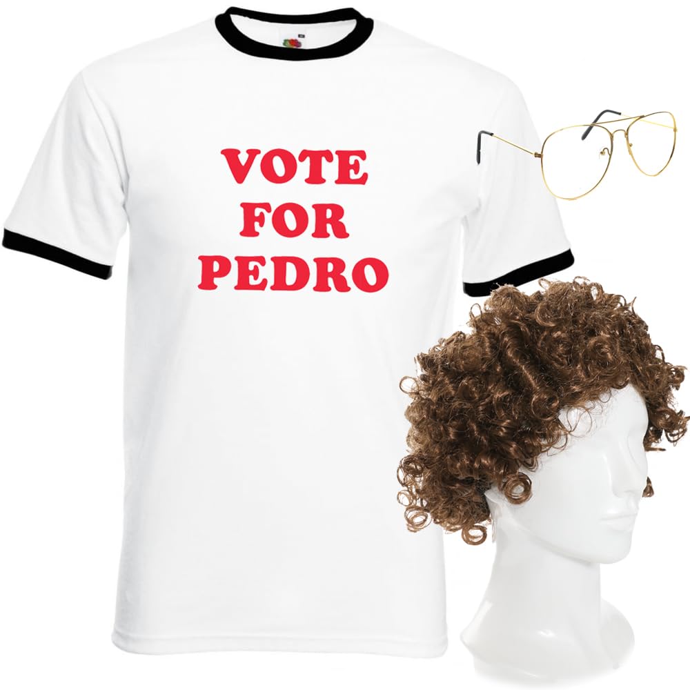 Retro Loner Costume - White 'vote for Pedro' T-Shirt - Brown Curly