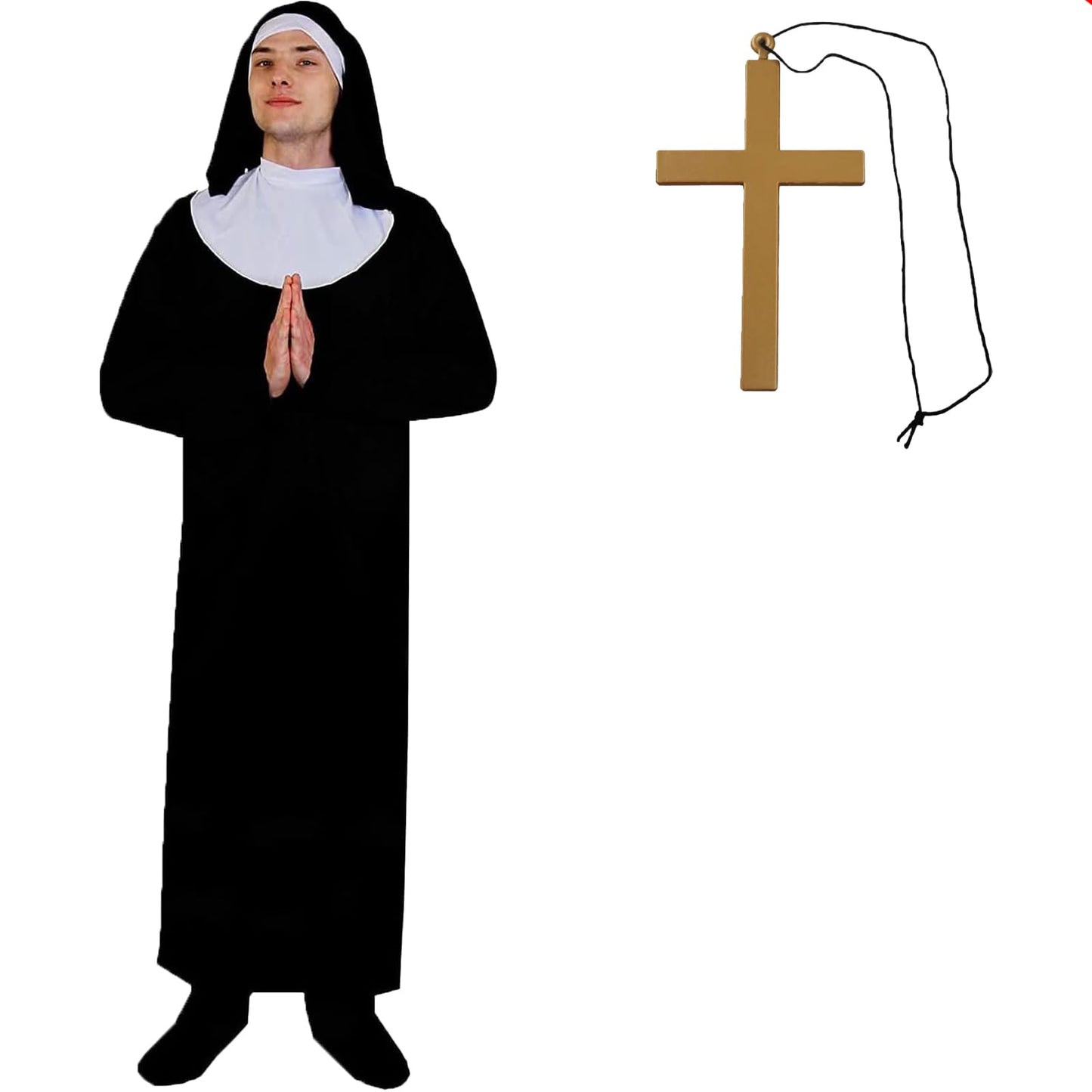 Mens Nun Costume - X-Large - Black and White Robe, Matching Headpiece, Belt and Gold Cross Necklace - Adults Funny Stag Do Religious Halloween Fancy Dress Costume