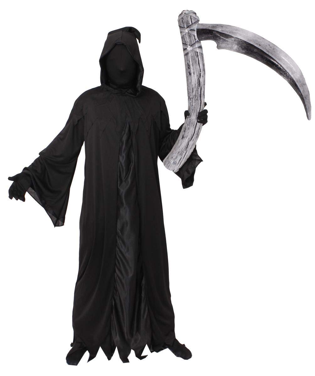 DAY OF THE DEAD GRIM REAPER COSTUME - ADULTS DEATH HALLOWEEN FANCY DRESS COSTUME - BLACK ROBE + HOOD + GLOVES + INFLATABLE SCYTHE + REVERSIBLE MASK - PERFECT HALLOWEEN COSTUME - (LARGE)