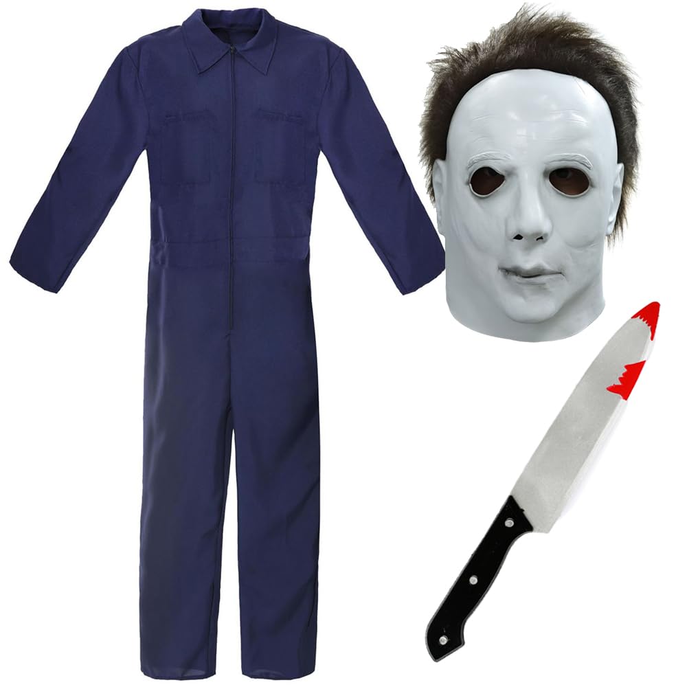 Adults Halloween Killer Costume - Large - Blue Jumpsuit, Rubber Mask, Fake Knife - Adults Halloween TV Film Fancy Dress Costume