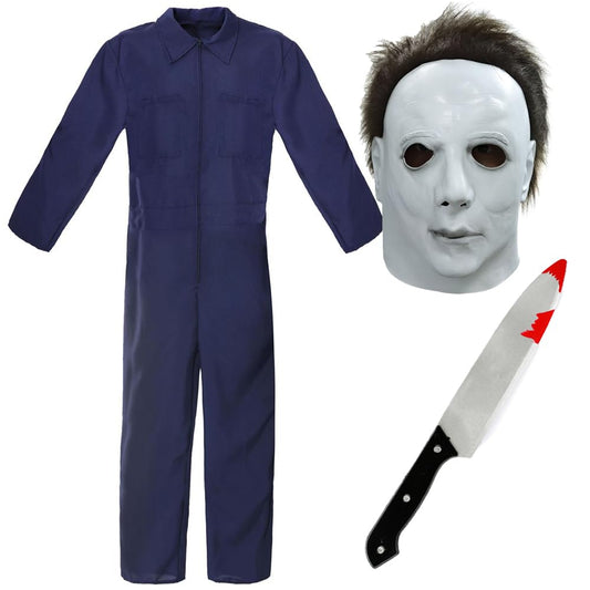 Adults Halloween Killer Costume - Large - Blue Jumpsuit, Rubber Mask, Fake Knife - Adults Halloween TV Film Fancy Dress Costume