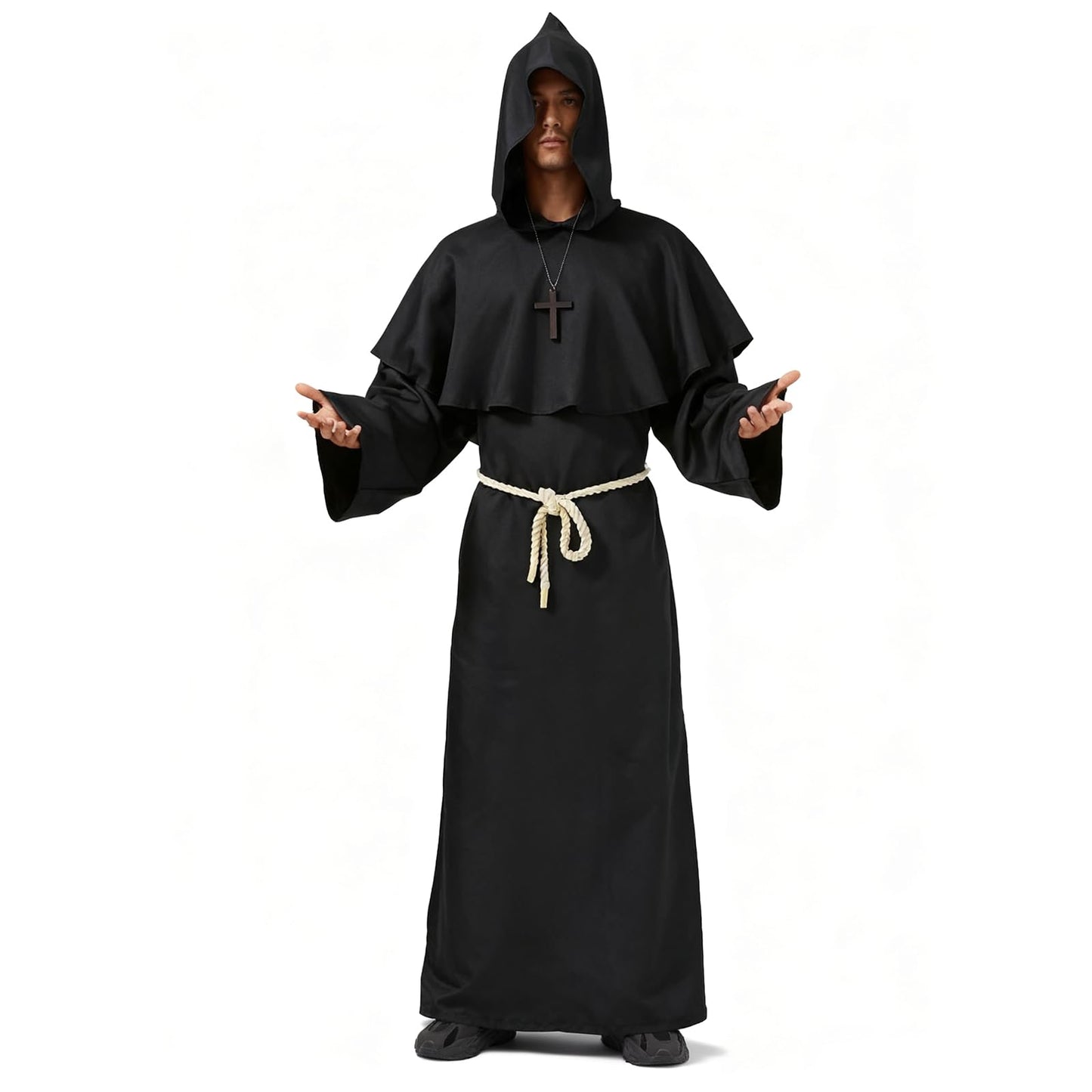 WenYa Monk Costume Set for Adults, Complete Medieval Priest Robe with Detachable Hood, Adjustable Rope Belt and Wooden Cross Necklace for Halloween Cosplay and Renaissance Themed Events