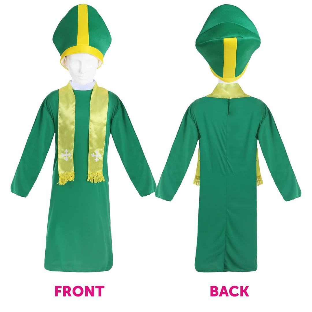Adults Irish Priest Costume - X-Large - Green Robe with Yellow Stole Scarf and Green & Yellow Priest Hat - Adults Ireland St. Patricks Day Catholic Fancy Dress Costume