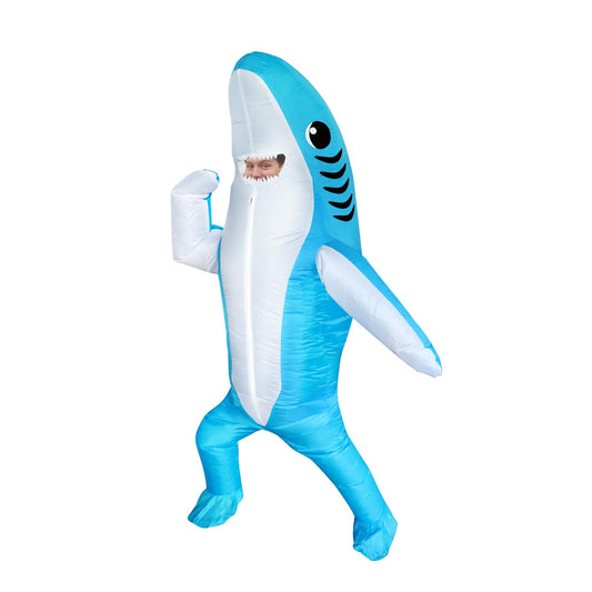 Adult inflatable blue shark costume, front view