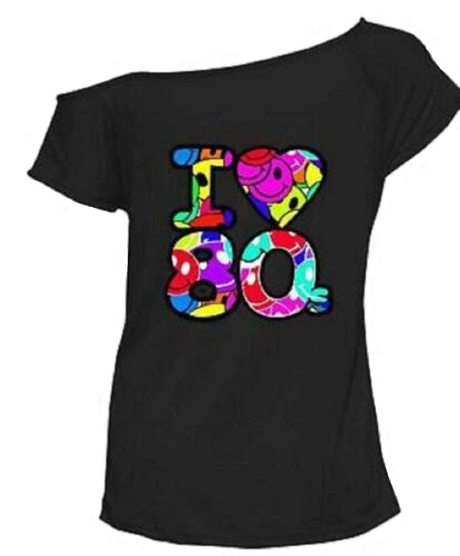 Zeetaq Ladies I Love The 80's T-Shirt Fancy Dress Costume Neon Festival Women's Outfit UK Size 8-26 (Black Love 80's, XXL)