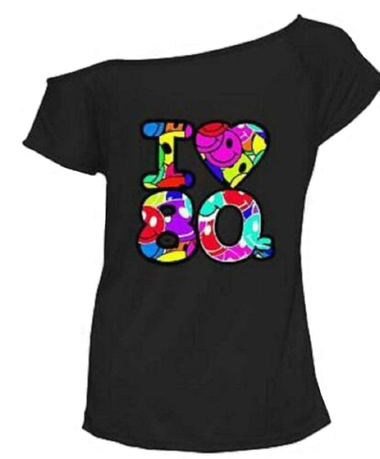 Ladies neon I Love the 80s t-shirt fancy dress costume