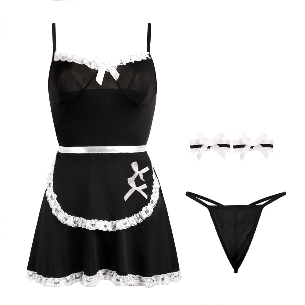 Women Maid Costume Set French Maid Fancy Sling Dress Spaghetti (image 8)