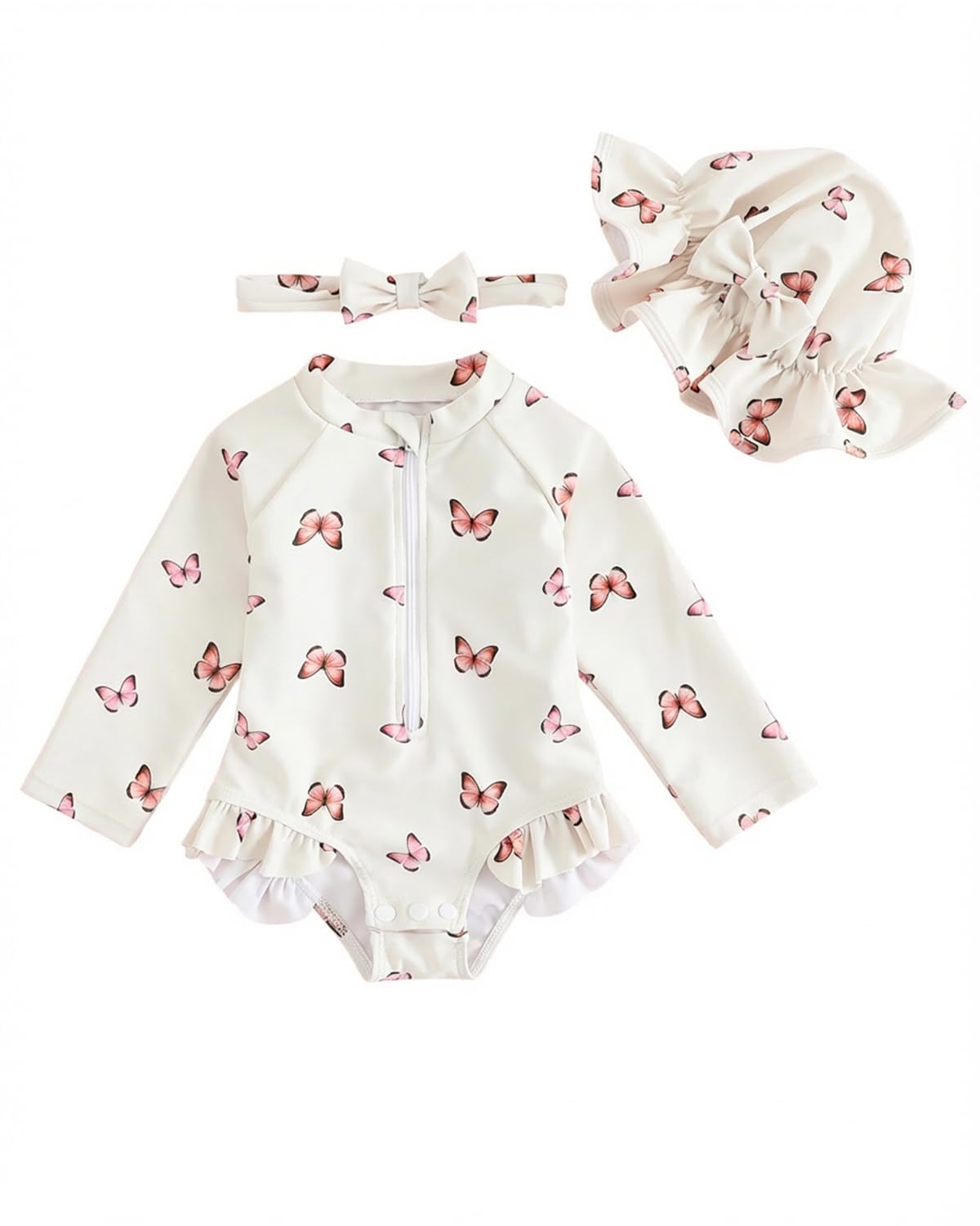 Baby Swimsuit Girl 3-Piece Set 0M-3T, Long Sleeve Toddler Swimming Costume with Hat & Headband, UPF 50+ Infant Rash Vest Front Zipper & Snaps, Beige Butterfly 3-6 Months