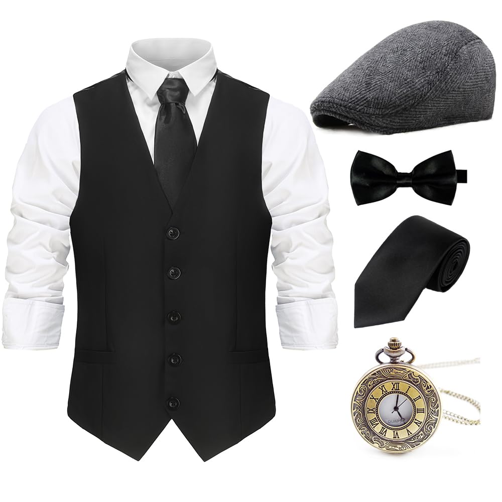 1920s Mens Gatsby Costume Accessories Set with Beret Hat Vest Bow