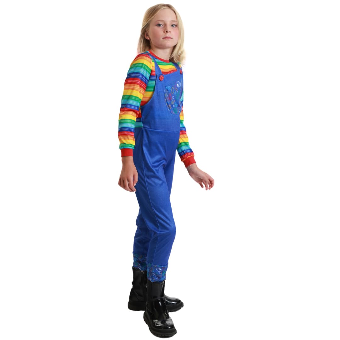 Chucky Boy Costume - Kids Killer Doll Inspired Outfit with Striped Shirt & Blue Overalls - Scary Halloween Costumes for Boys Fancy Dress (7-8 years)