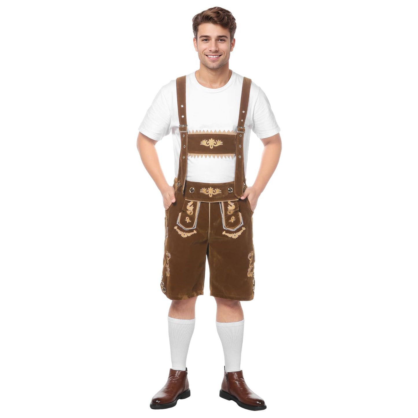 Joyesplay Lederhosen Men Oktoberfest Costume,Bavarian Outfit with Lederhosen Shorts＆Socks for Festivals Celebrations Adult Mens (Brown, XL)