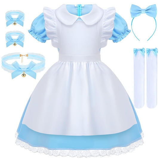 COYBTO Princess Costume for Girls 6-11 Years - Blue Dress With White Apron and Headband for Halloween, Birthday Party, Carnival, Fancy Dress