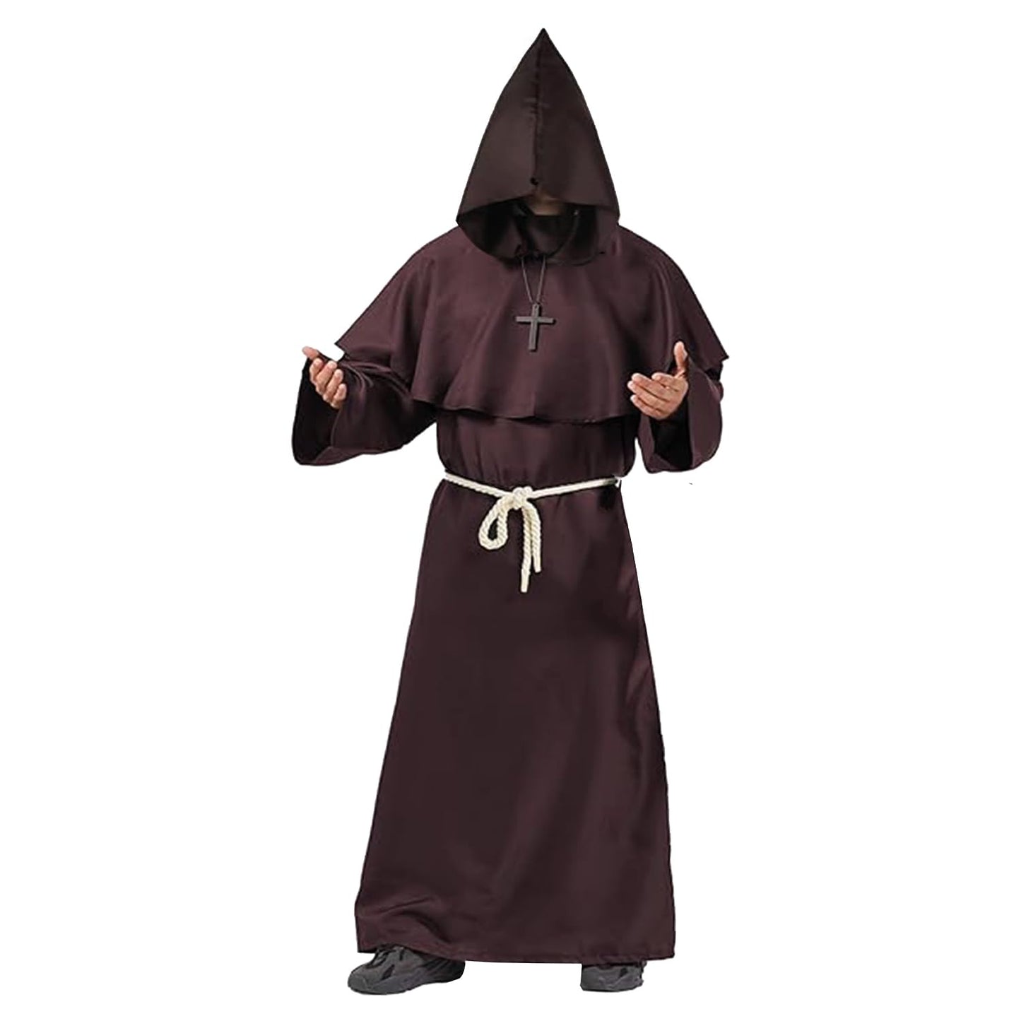 AirSuit® Medieval Monk Adult Costume – Long Robe with Hood + Wooden Cross | Size M 170 to 175 cm | Religious Men's Outfit | Carnival, Halloween | OriginalCorner®