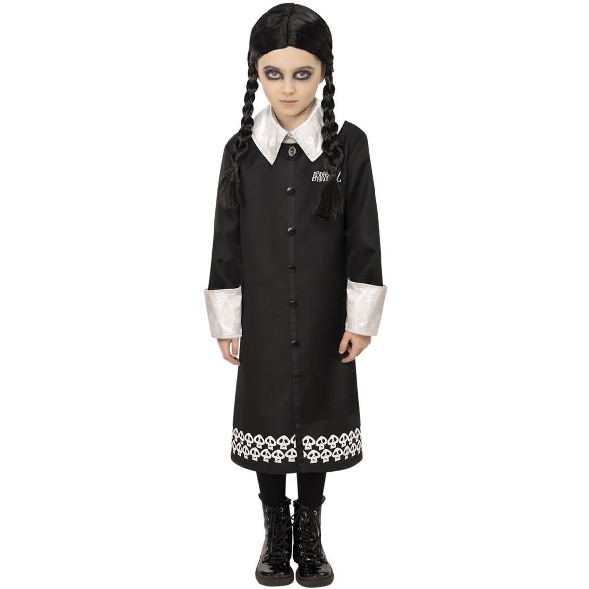 Smiffys The Addams Family Wednesday Child Costume, Black Dress with Skull Pattern and Wig, Officially Licensed Wednesday Addams Costume, Great for Halloween and Themed Events