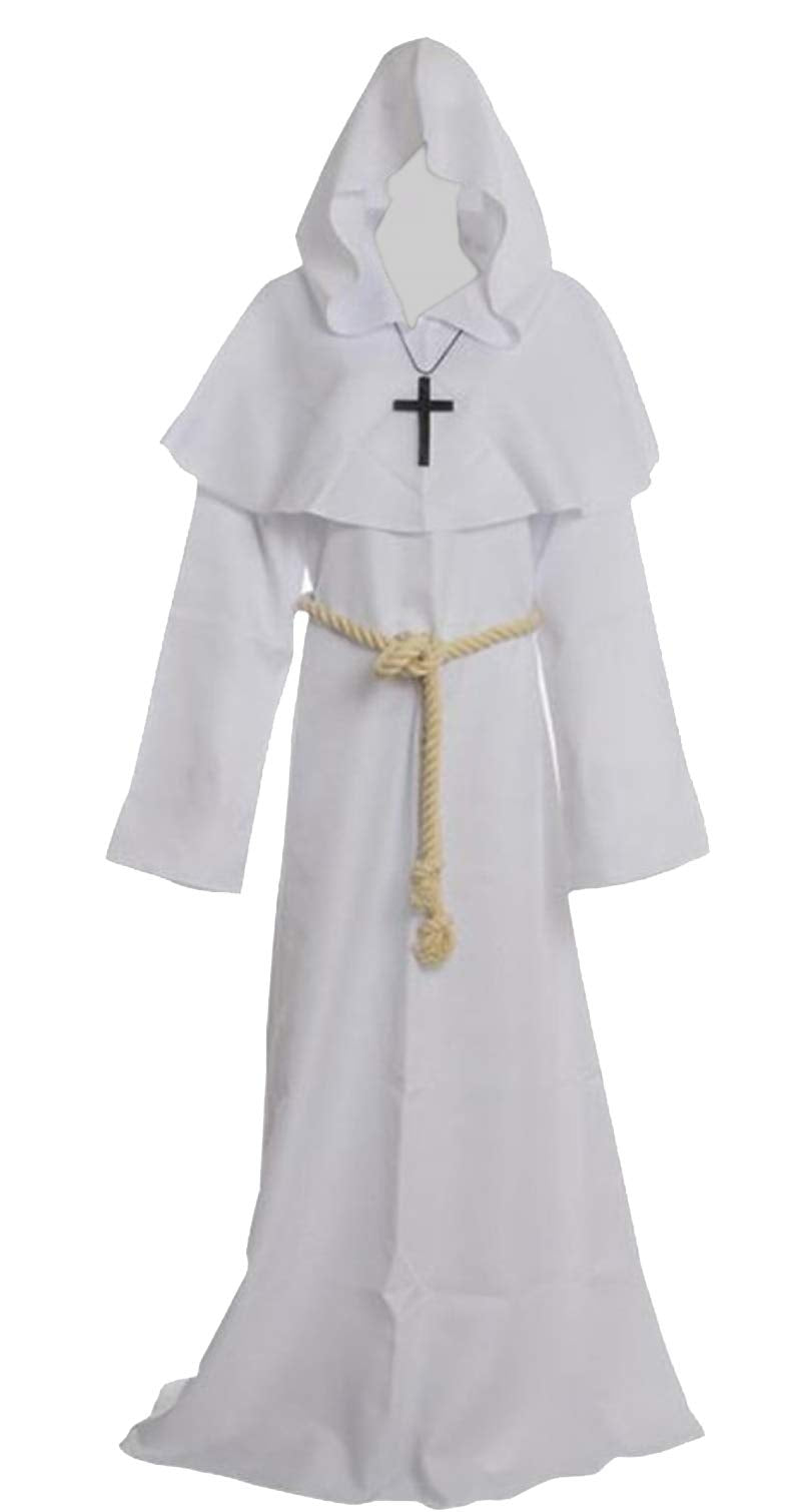 Friar Medieval Hooded Monk Renaissance Priest Robe Costume Cosplay, White, Medium