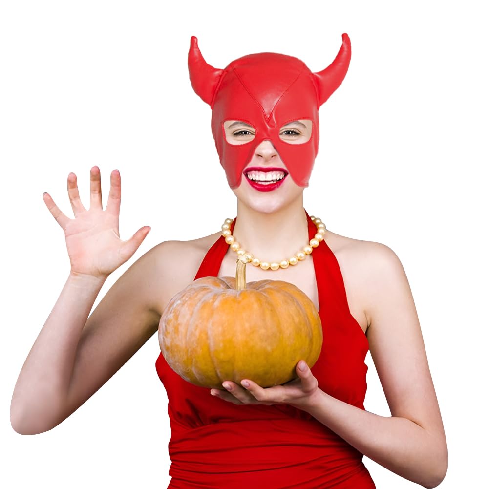 PU leather Horn Full Cover Hood Mask Opened Mouth Show Eyes Face Mask Adjustable Lace-up Hood Headgear Halloween Cosplay Fancy Dress Eye Mask Night Club Dress Up Costume for Couple Games Carnival