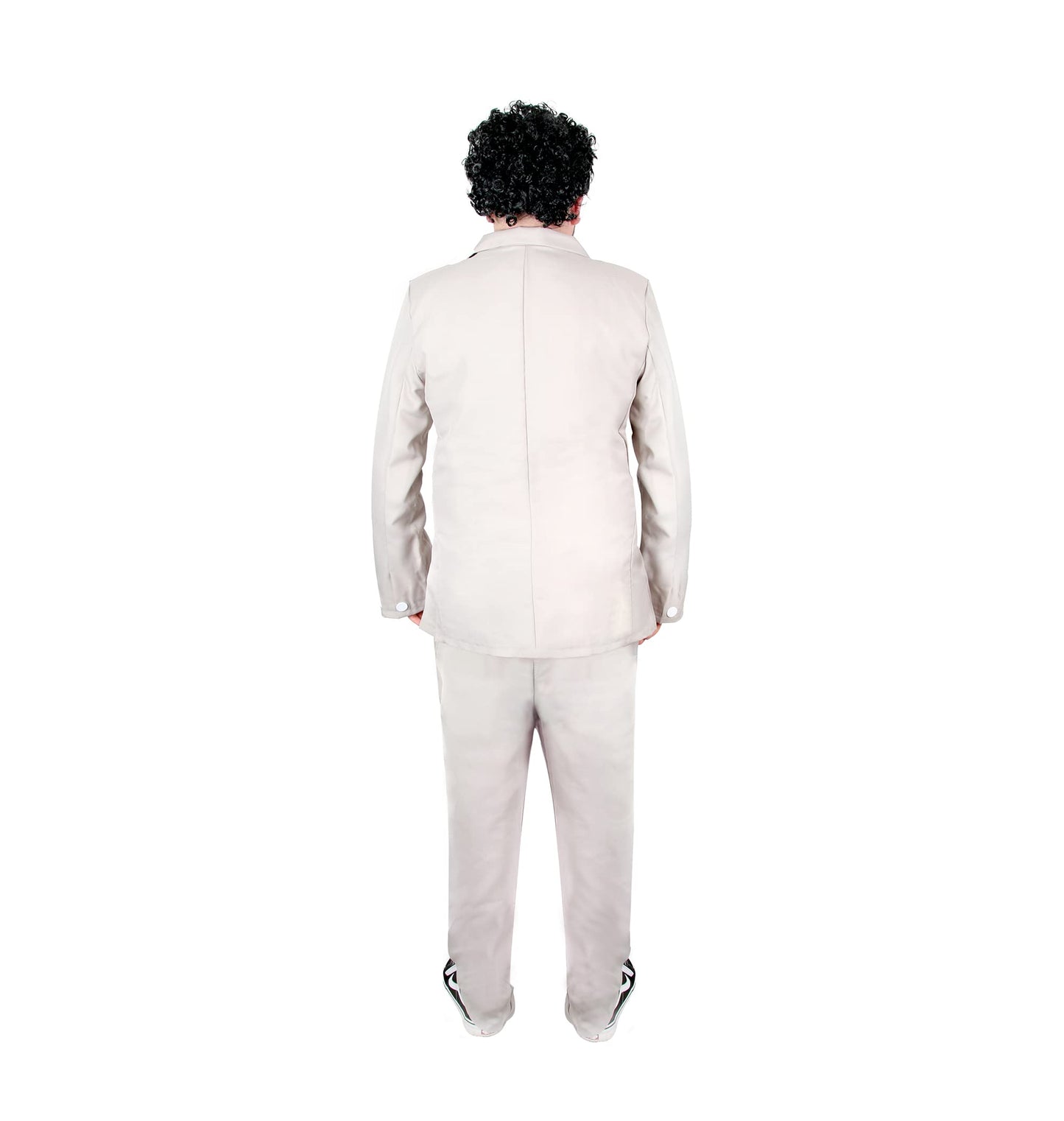 Mens Funny Journalist Costume - Grey Suit + White Tie + Curly Black (image 5)