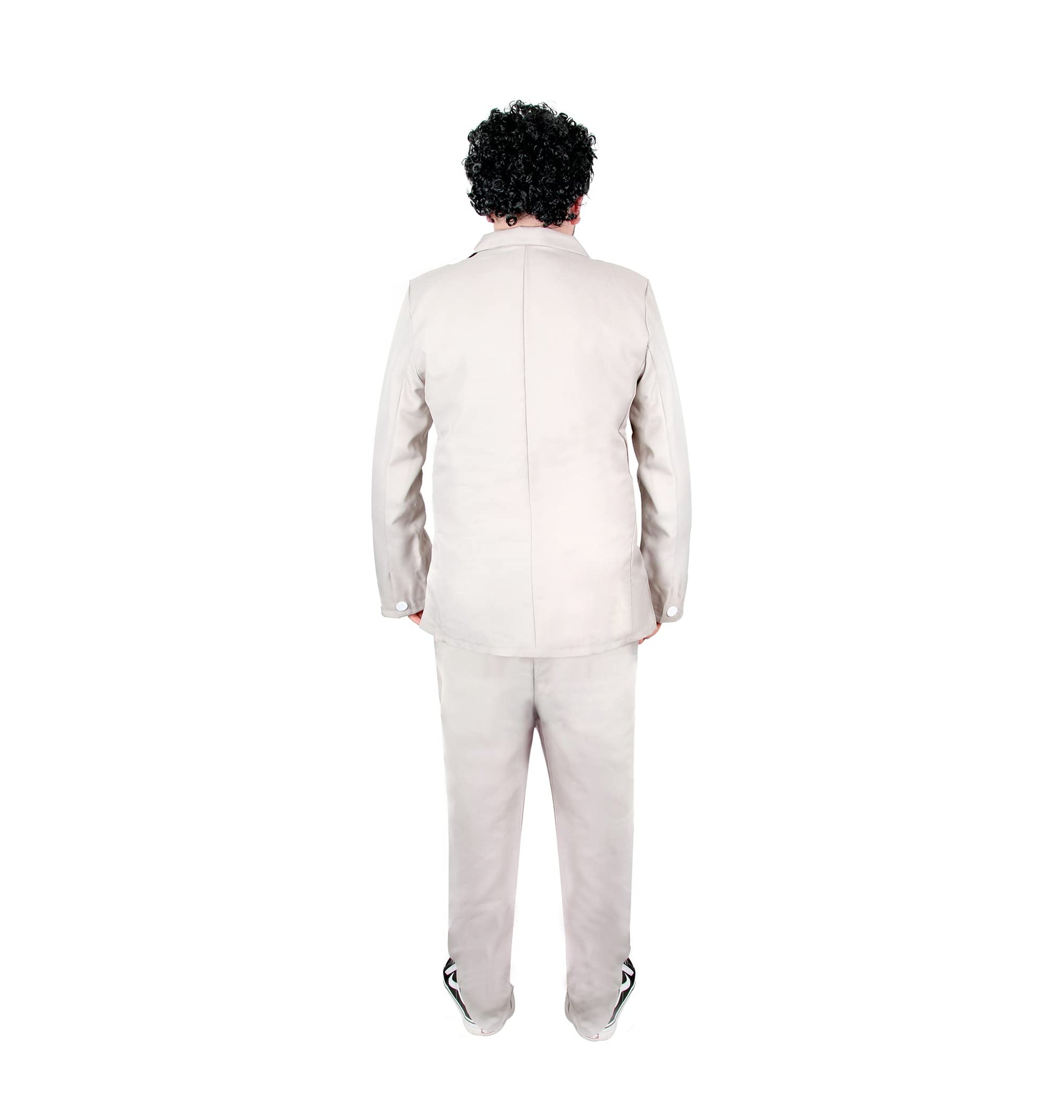Mens Funny Journalist Costume - Grey Suit + White Tie + Curly Black (image 5)