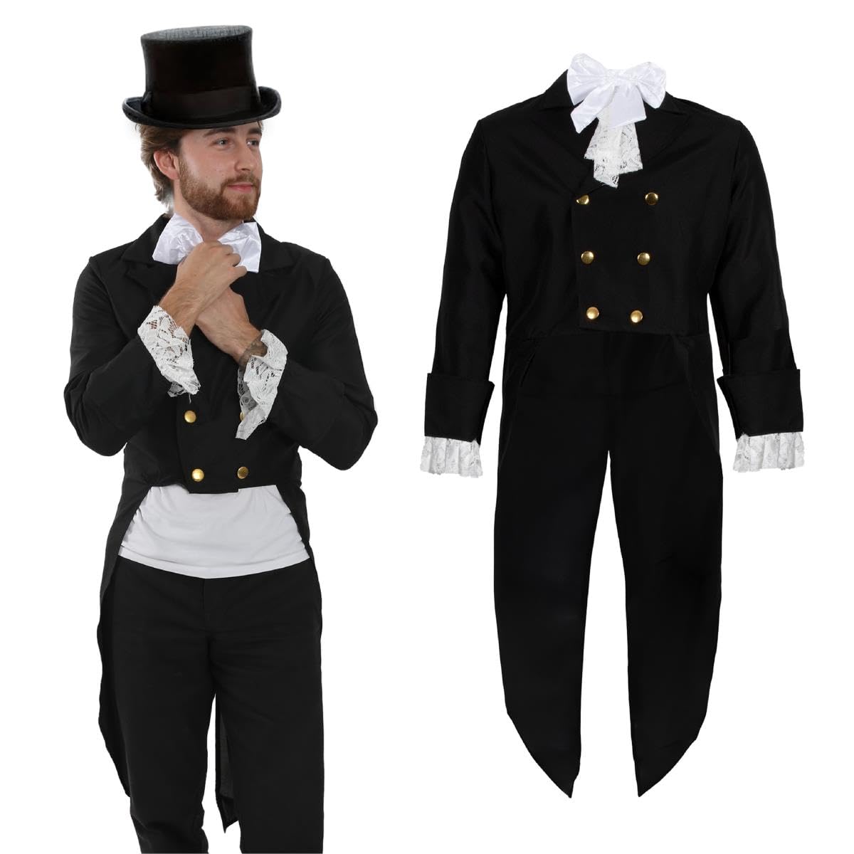 Posh Victorian Man Costume - Large - Black Jacket, White Cravat, Plush Top Hat, White Gloves and Moustache - Historical Fancy Dress