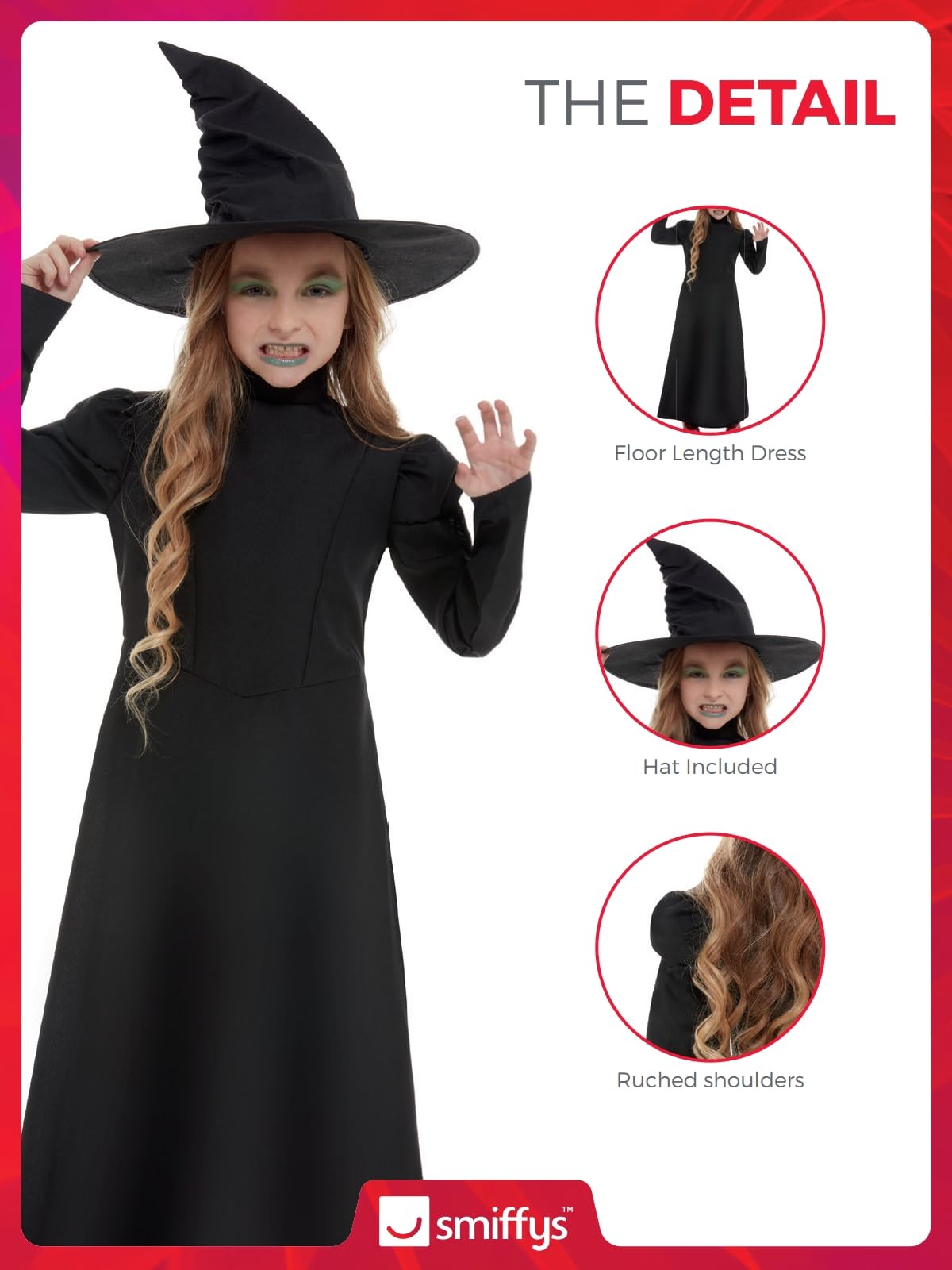 Smiffys Wicked Witch Girl Costume, Black with Dress & Hat, Halloween Child Fancy Dress, Witch Dress Up Costumes