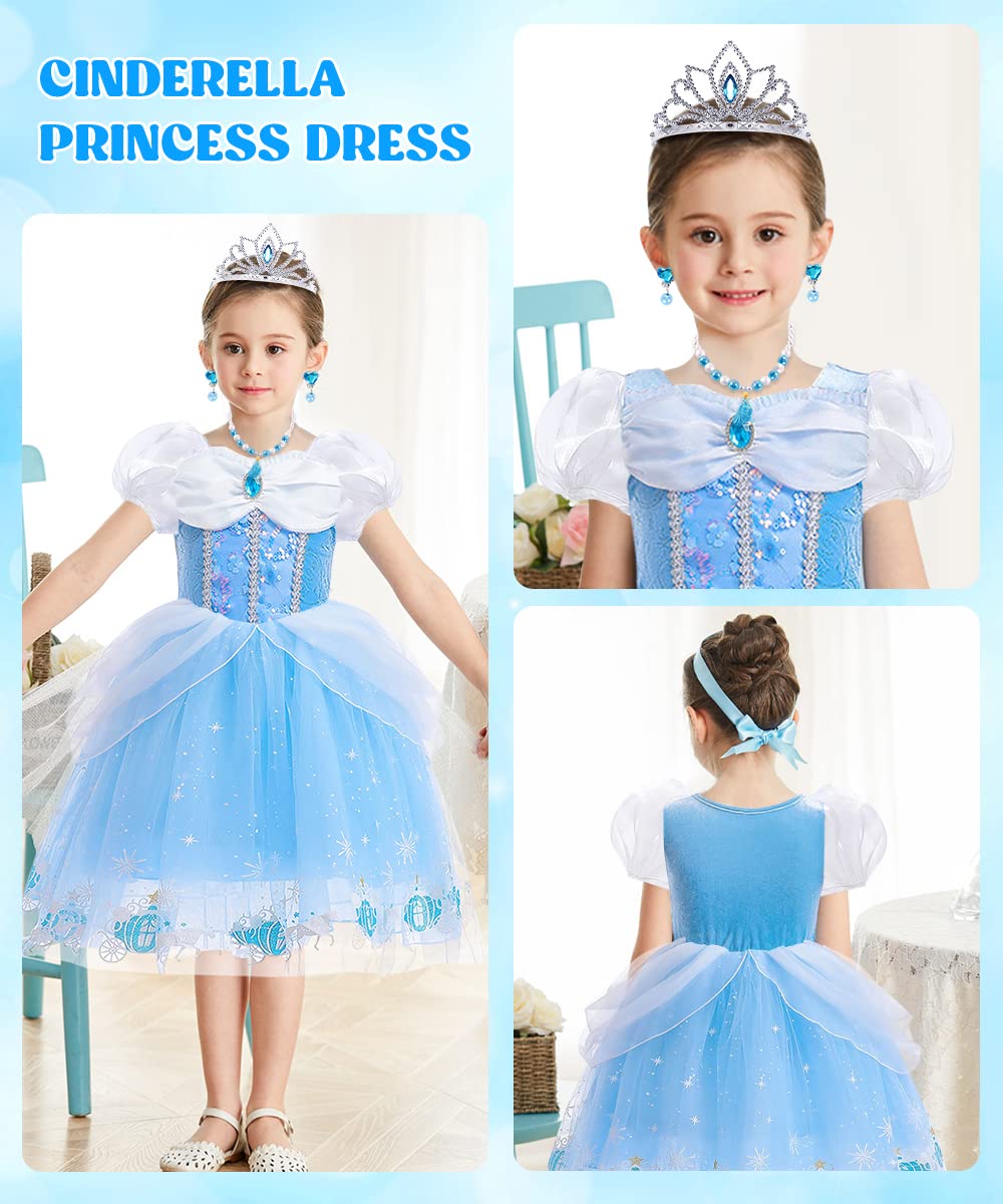 Princess Costumes for Girls, Cinderella Dress Up for Girls with Crown Fairy Wand Necklace Sets, Cinderella Princess Dress Long Skirt, Kids Fancy Dress for Carnival Party Bridesmaid Cosplay (A, 120)