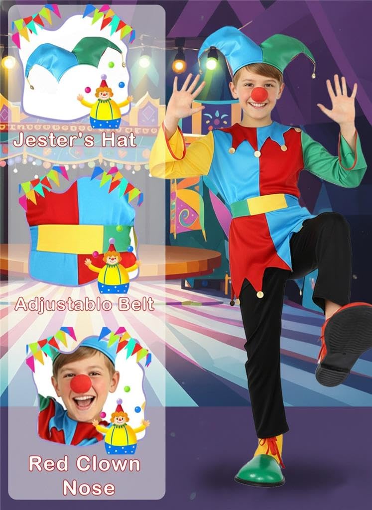 Lito Angels Kids Colourful Jester Costume with Hat Belt and Red Nose for Boys Girls Fancy Dress World Book Day Halloween Carnival Parade Theatre Performance Party Outfit Ages 11–13 Years