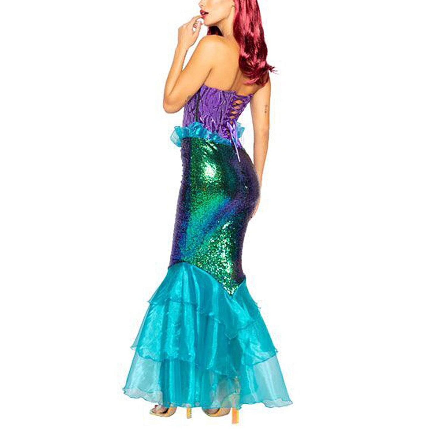 DELIMALI Women's Mermaid Ladies Ruffle Sequin Fairytale Book Fancy Long Tail Dress Womens Adults Costume Outfit (Blue, Medium)