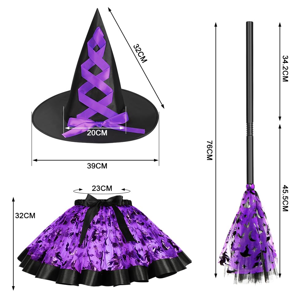 DiULi Halloween Outfits, Witch Costumes Halloween Fancy Dress Costume Wicked Witch Girl Costumewith Tutu Skirt Hat Witches Broom for Girls Cosplay,Purple