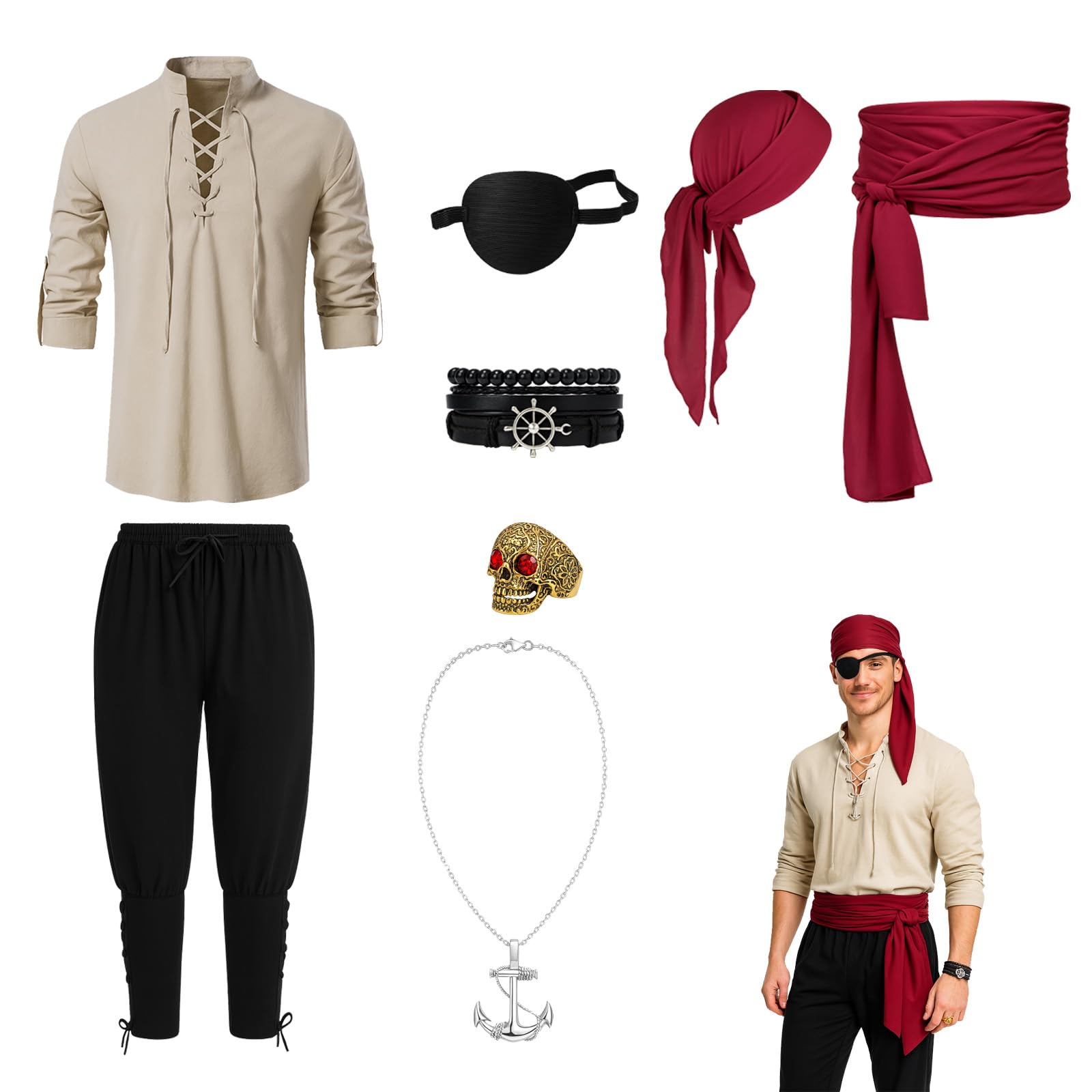 Pirate Costume for Adult Men with Eye Patch Medieval Shirt Trousers
