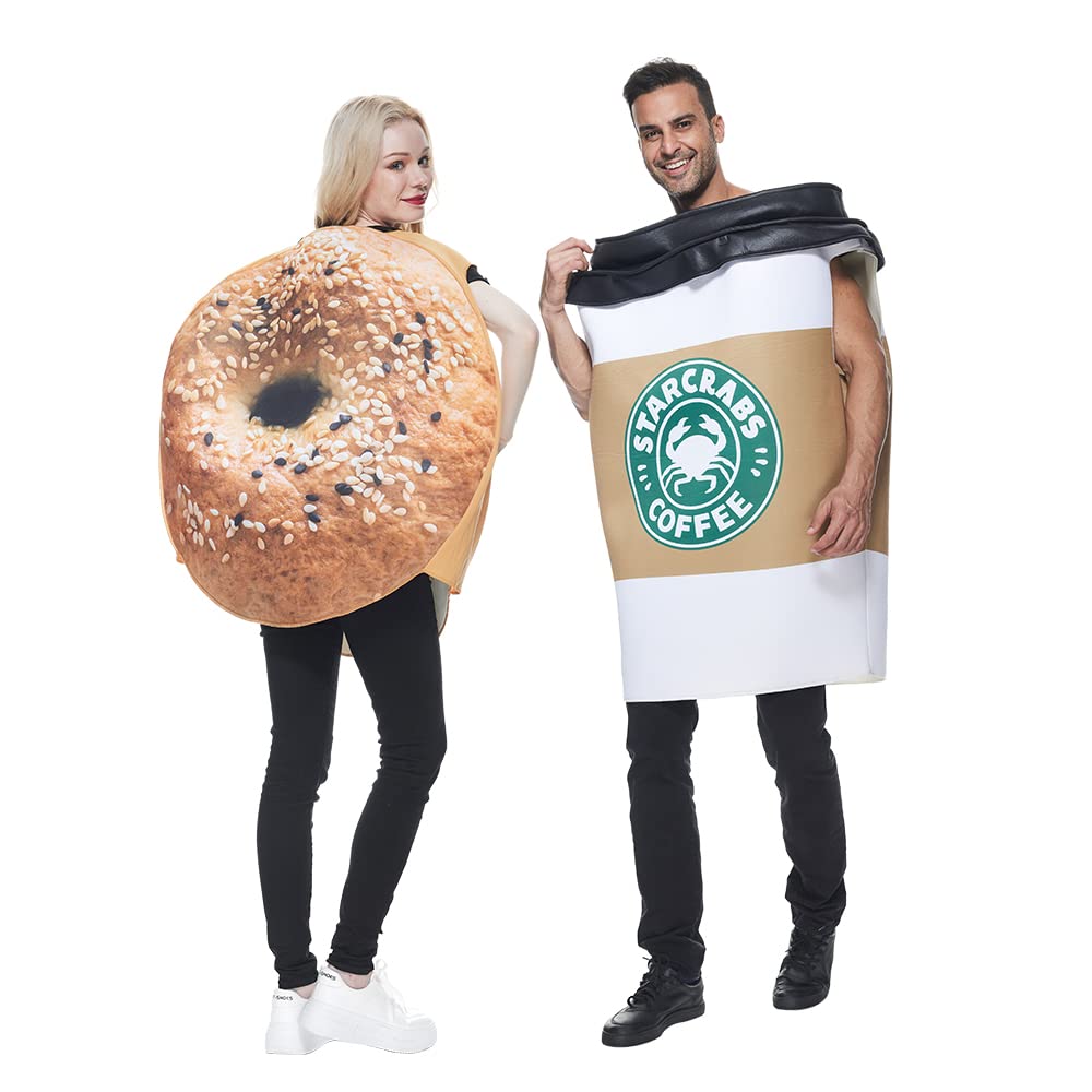 EraSpooky Coffee Cup and Bagels Bread Costume Food Drink Suit Halloween Party Adult Couple Fancy Dress