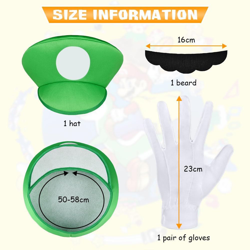 Aomig Super Plumber Costumes 4 Pack Brothers Workman Cosplay Costume Kits with Bodysuit Hats Cap Mustaches White Gloves 1980s Videogame Bros Fancy Dress Outfit Costume for Women Men(Green)