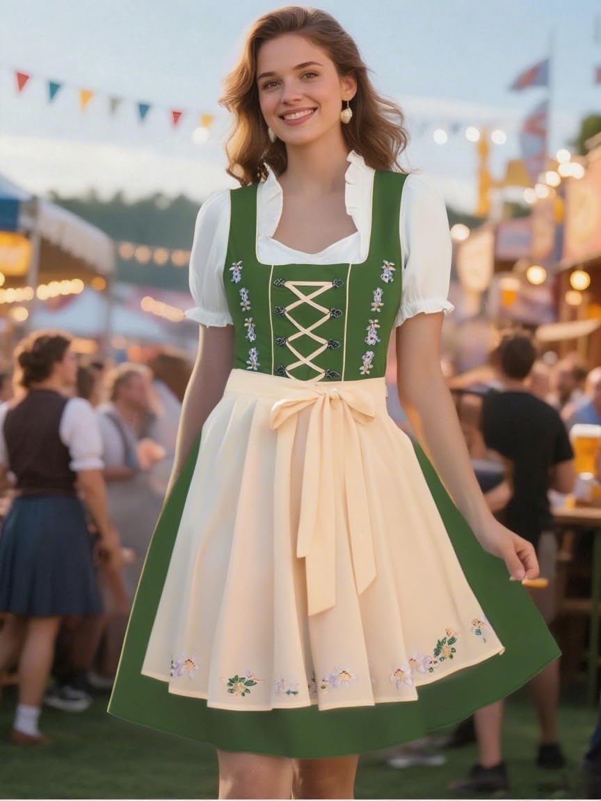 Dirndl Dress Women 3 Piece German Dirndl Dress Oktoberfest Outfit Bavarian Costumes Party Dresses for Bavarian Beer Carnival Oktoberfest Yellow-Green