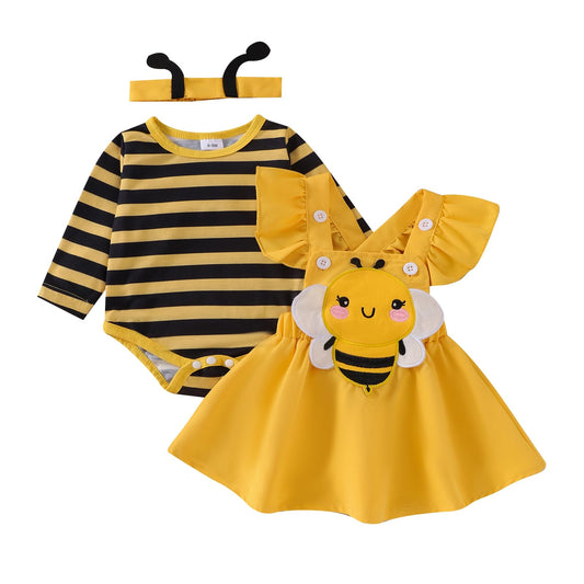 CocMouse Infant Girl Fall Outfits Baby Girl Romper Cartoon Bee Ruffle Suspender Skirt Bow Headband 3 Pcs Set 0-18 Months (Yellow, 0-3 Months)