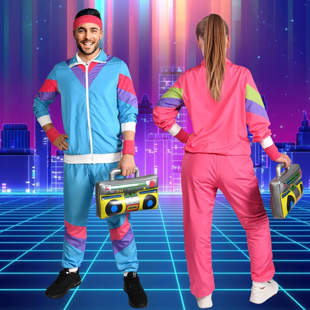 Aomig 80s Height of Fashion Shell Suit Costume, 80s Fancy Dress Men Women with Headband Wristbands, 1980s Disco Fancy Dress, 80s 90s Outfits Fashion Retro Tracksuit for Halloween Carnival Party