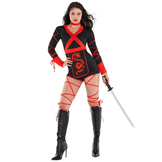 Black ninja hooded playsuit with red dragon detail and mask