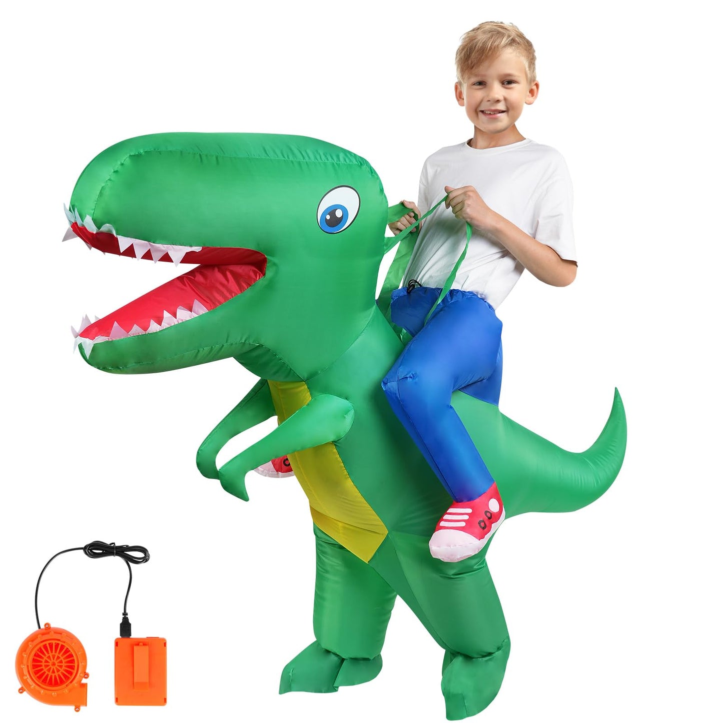 AOOWU Dinosaur Costume, Deluxe Dinosaur Inflatable Costume T-Rex Blow up Fancy Dress for Kids, Funny Ride-on Green Dinosaur Halloween Costumes for Halloween Cosplay Masquerade Party, Green