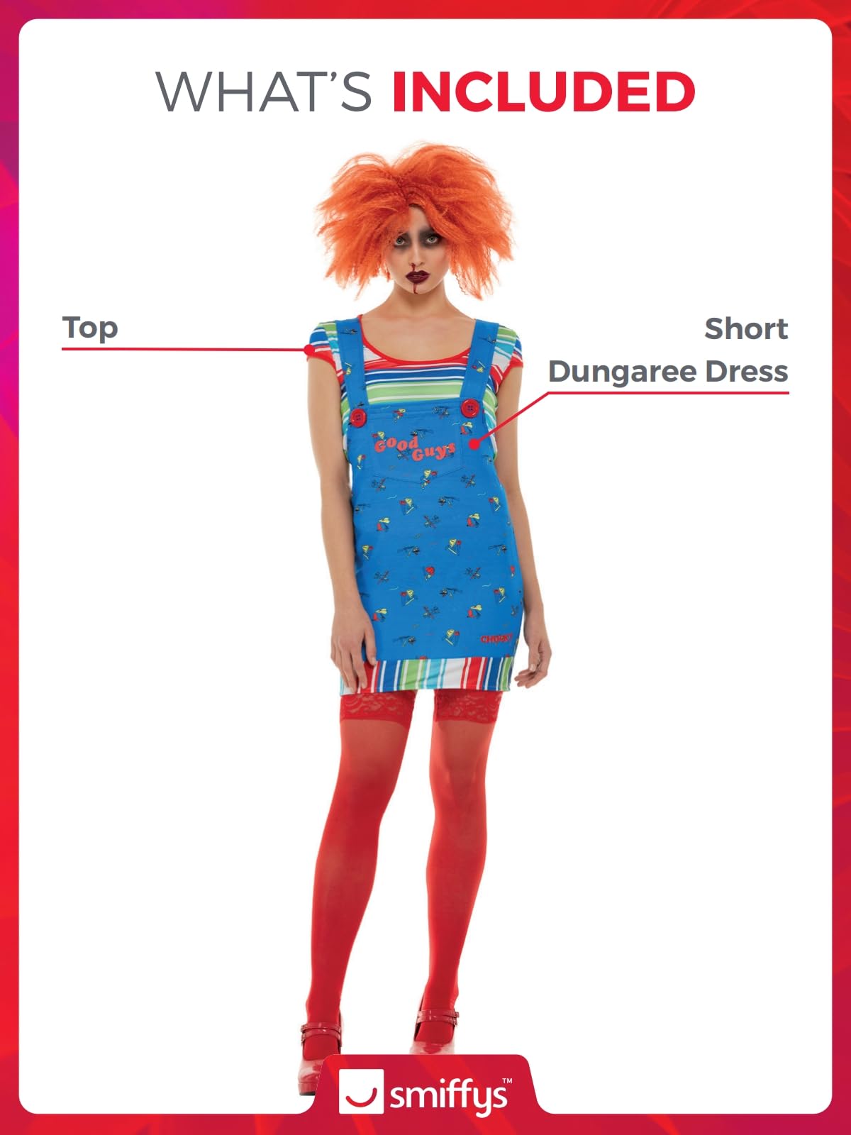 Smiffys Chucky Sexy Costume in Blue Top and Printed Dungarees, Officially Licensed, Iconic Printed Dungarees and Striped Top, Short Dress, Halloween Costume Womens Fancy Dress Sexy Chucky