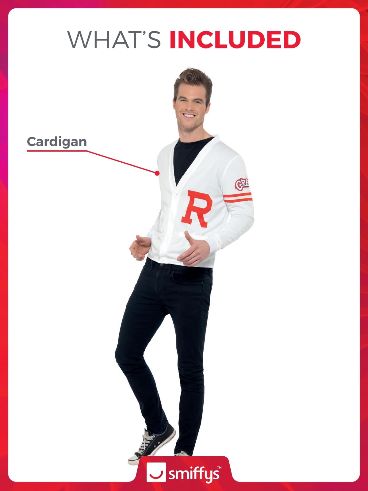 Smiffys Grease Rydell Prep Costume in White for Adults, Sweater Vest, Button-Up, Iconic R Letter, Officially Licensed, Perfect for Matching Group Fancy Dress Outfits and Playful Events