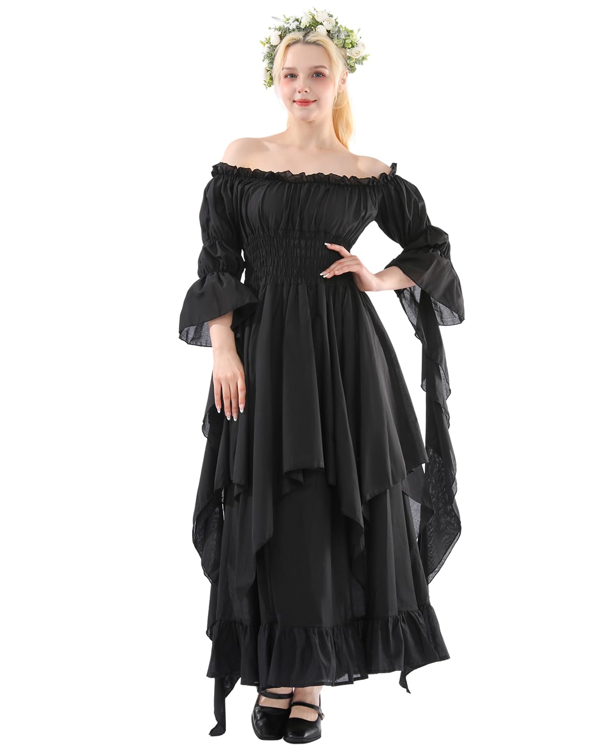 CR ROLECOS Women's Victorian Dress Puff Sleeve Off Shoulder Ruffle Plus Size Medieval Costume for Women Renaissance Dress Black XXL/3XL