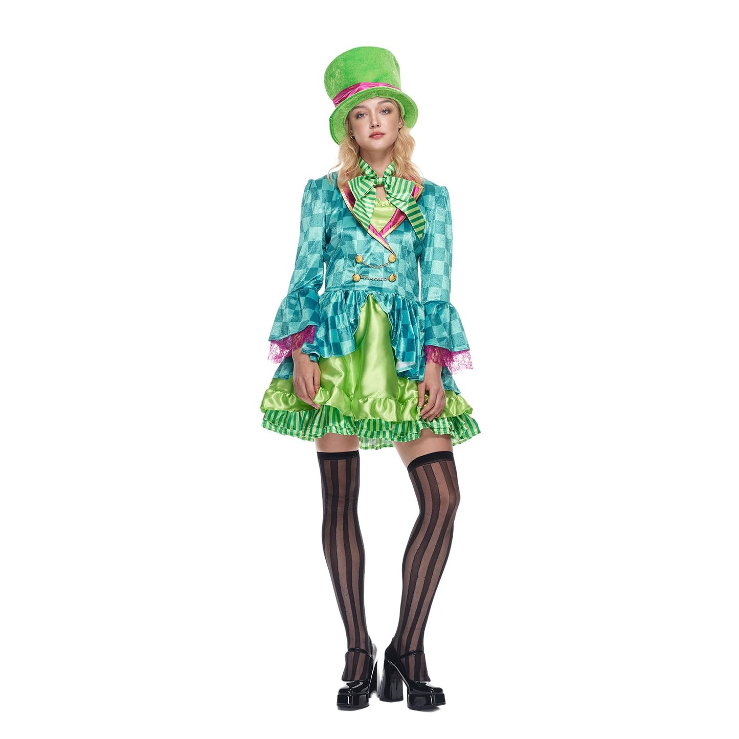EraSpooky Adult Women Hatter Costume Mad Tea Party Halloween Cosplay with Bowtie Top Hat