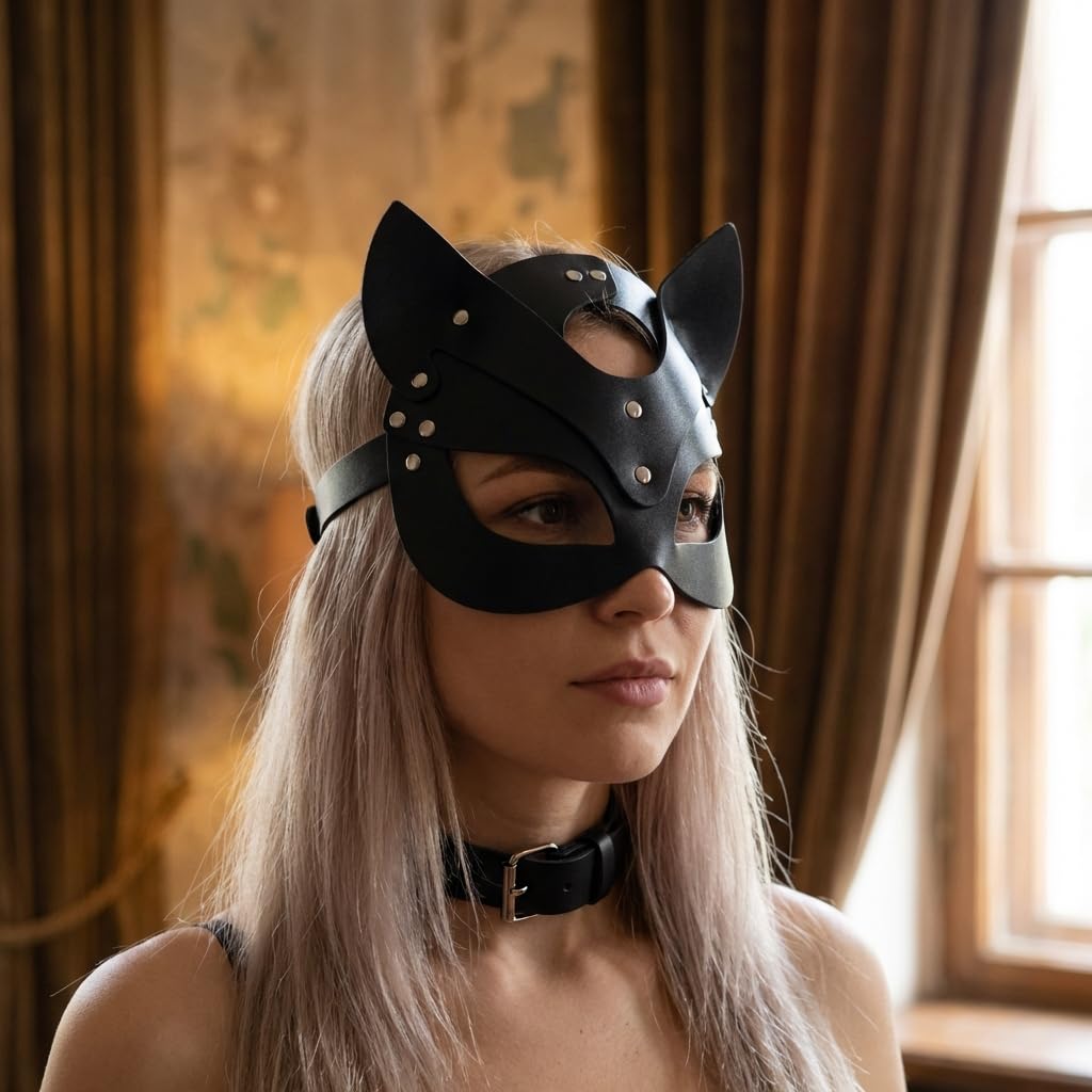 Black Cat Mask for Women - Sexy PU Leather Fox Masquerade Mask (image 4)