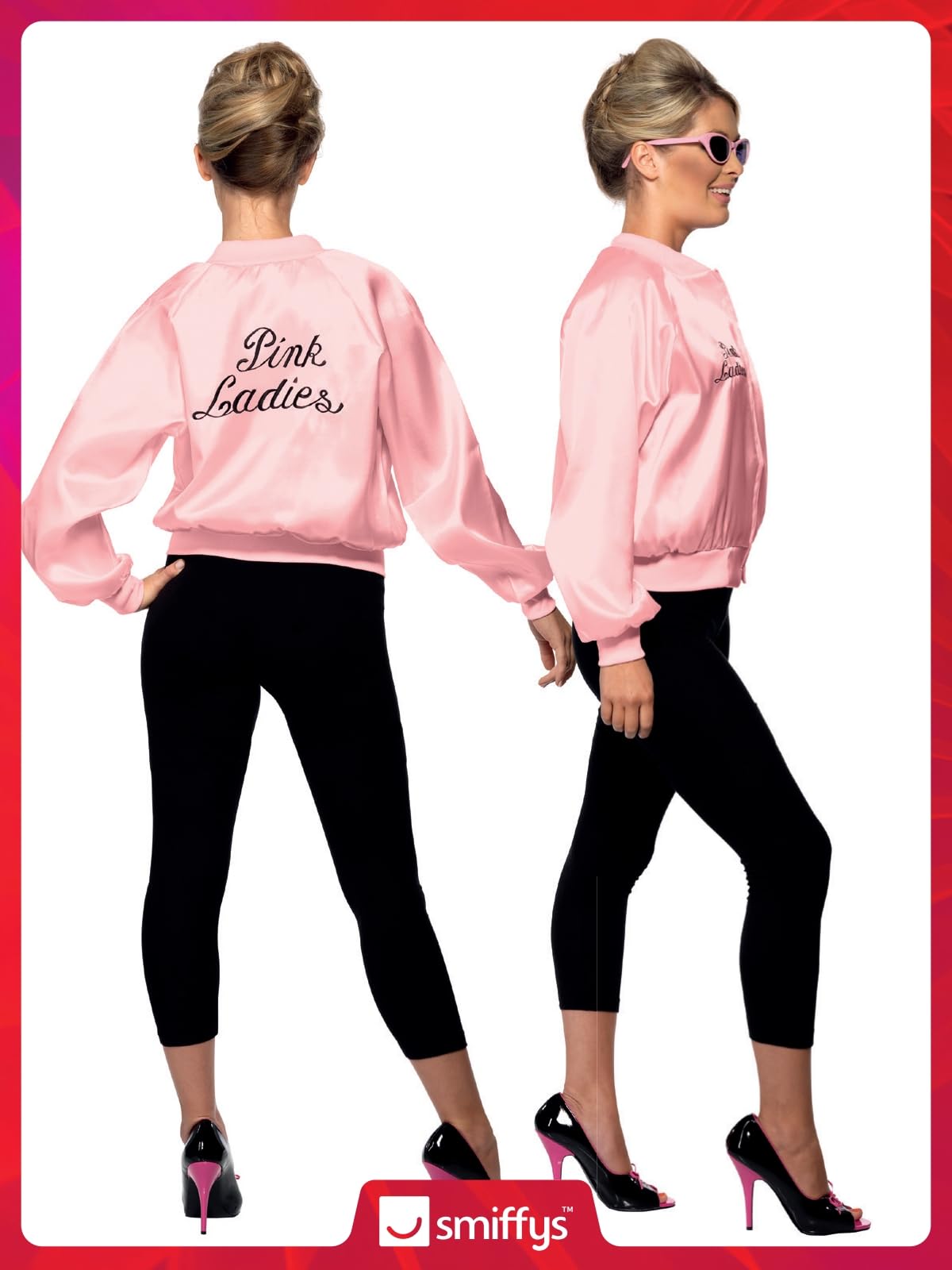 Smiffys Grease Pink Ladies Jacket for Women, Pink Jacket with Embroidered Logo, Officially Licensed, Ideal for Matching Group Outfits, Fancy Dress, and Playful Music-Themed Events Halloween