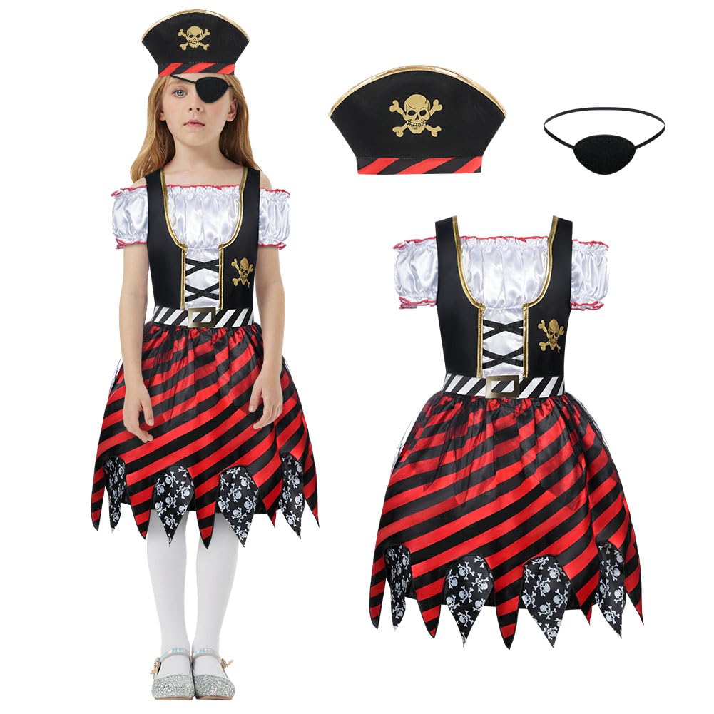 Aomig Girls Pirate 3 Pcs Role Play Dress Up Set with Hat & Eye Patch, Pirate Outfit for Birthday Party & Halloween