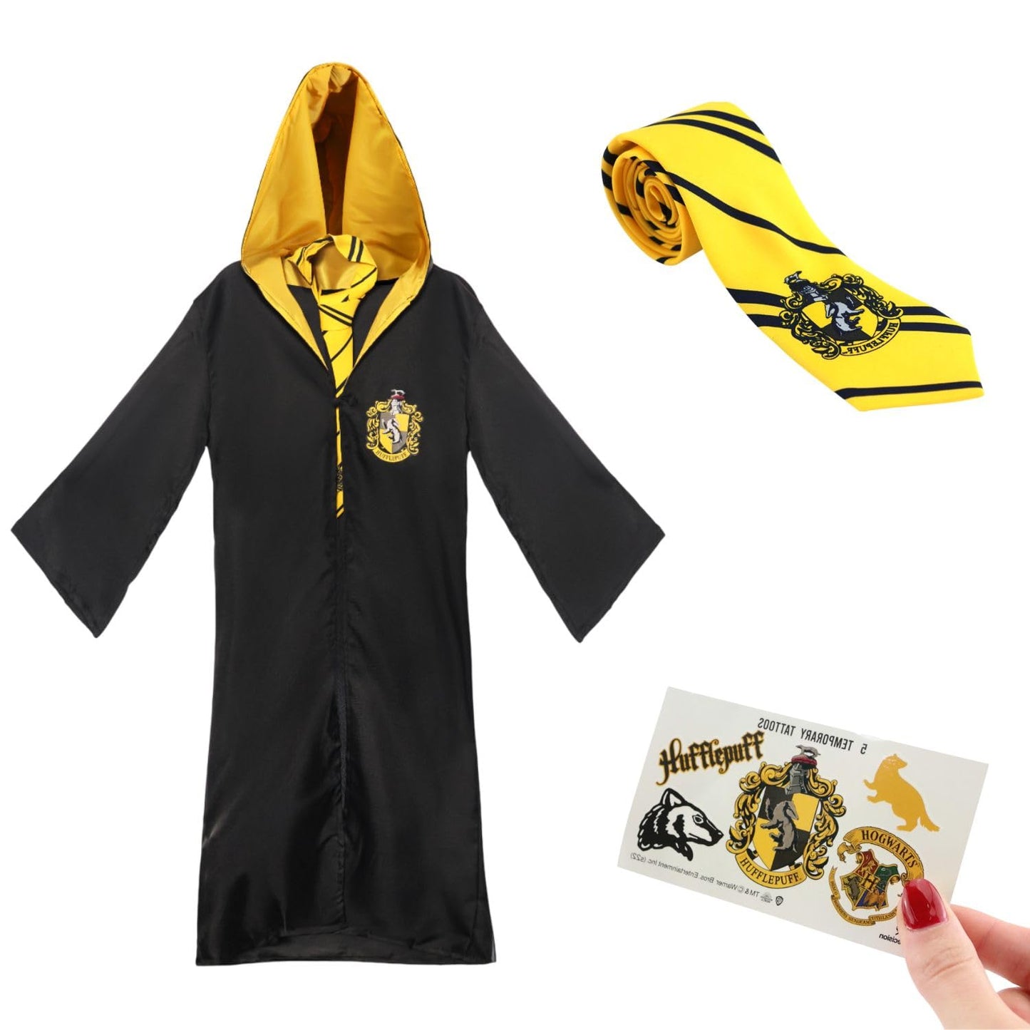 Harry Potter Hufflepuff Kids Costume Set – One Size Hogwarts Robe, Necktie & Temporary Tattoos – Children’s Fancy Dress Outfit for World Book Day & Parties