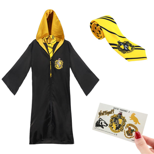 Harry Potter Hufflepuff Kids Costume Set – One Size Hogwarts Robe, Necktie & Temporary Tattoos – Children’s Fancy Dress Outfit for World Book Day & Parties