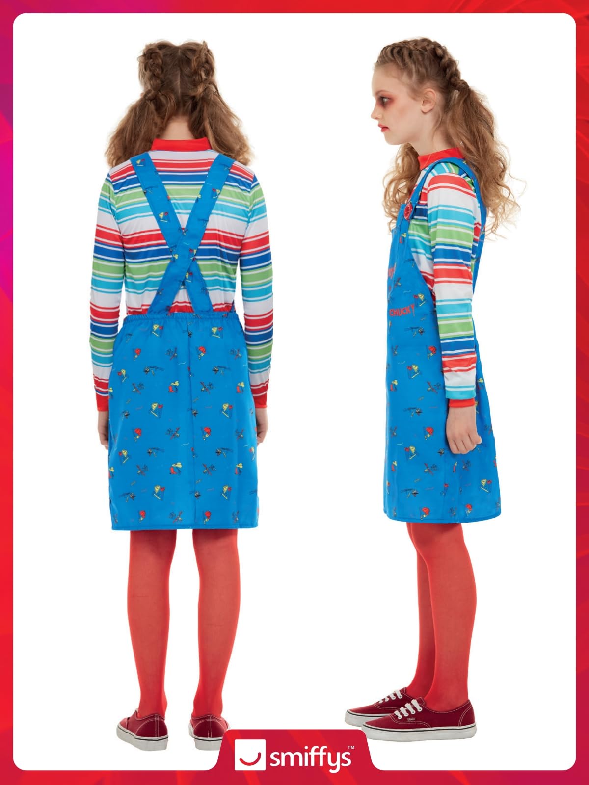 Smiffys Chucky Costume in Blue for Kids, Dress and Top, Officially Licensed, Blue Dungaree Dress and Striped Top with Colour Block Cuffs, Ideal for Halloween and Matching Costumes