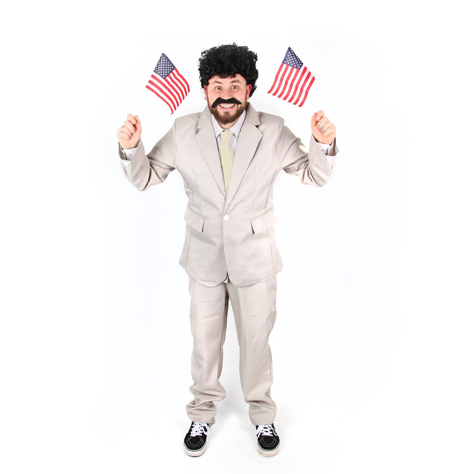 Mens Funny Journalist Costume - Grey Suit + White Tie + Curly Black (image 2)