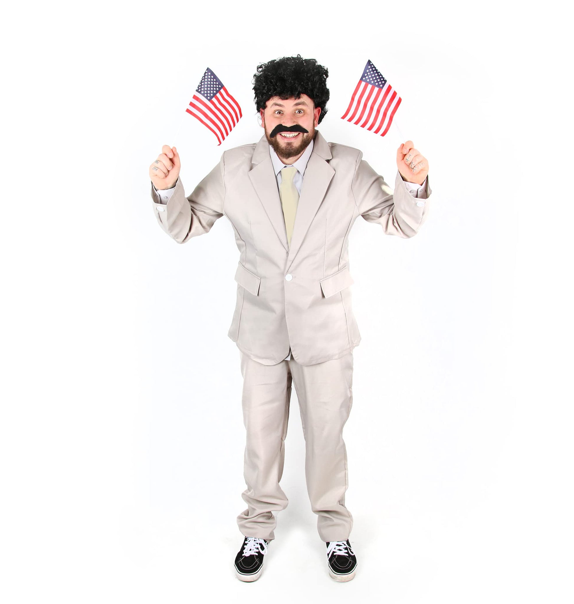 Mens Funny Journalist Costume - Grey Suit + White Tie + Curly Black (image 2)